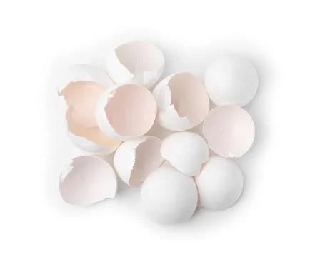 Pile of broken eggshells isolated on white, top view 스톡 사진