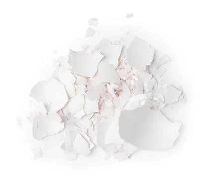 Pile of broken eggshells isolated on white, top view Foto stock