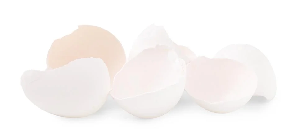 Pile of broken eggshells isolated on white 스톡 사진