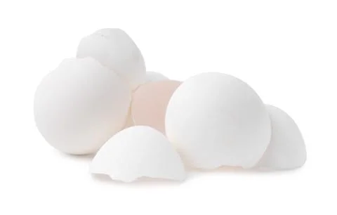 Pile of broken eggshells isolated on white 스톡 사진
