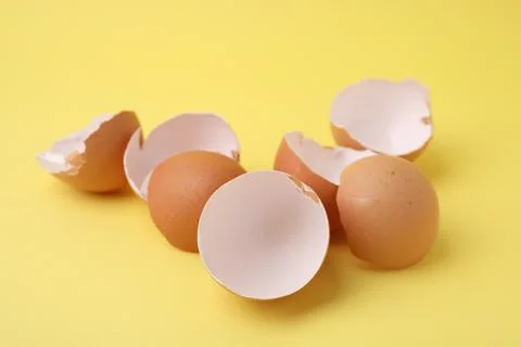 Pile of broken eggshells on yellow background, closeup 스톡 사진
