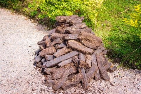 Pile of brown peat bricks drying in sunlight on green grass Foto stock