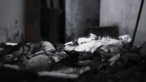 Pile of burned debris and rubble close up Stock-Footage 345860401