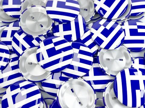 Pile of button badges with flag of Greece. 3d render Stock Illustration