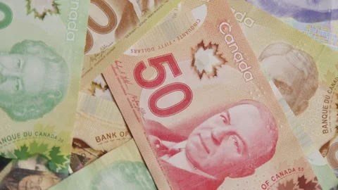 Pile Of Canadian Banknotes Rotating On Table - Currency Close-Up View Stock Footage 309678923