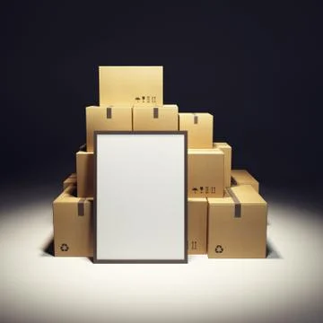 Pile of cardboard box and empty billboard Illustrazione stock