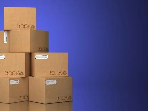 Pile of cardboard boxes on a blue background. Illustrazione stock