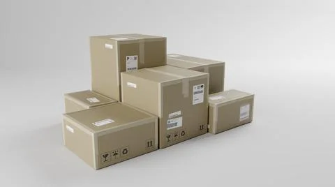 Pile of Cardboard Boxes For Package, Shipping and Delivery, With Signs Ilustración de archivo