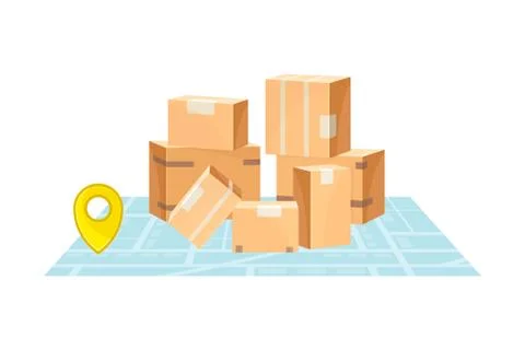 Pile of Cardboard Boxes Rested on Map with Destination Point Vector Illustration Stock Illustration