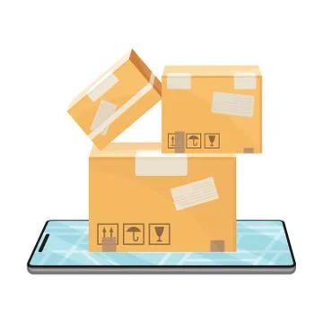 Pile of Cardboard Boxes Rested on the Screen of Smartphone Vector Illustration Stock Illustration