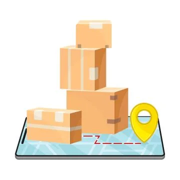 Pile of Cardboard Boxes Rested on the Screen of Smartphone Vector Illustration Illustrazione stock
