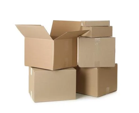 Pile of cardboard boxes on white background Stock Photos