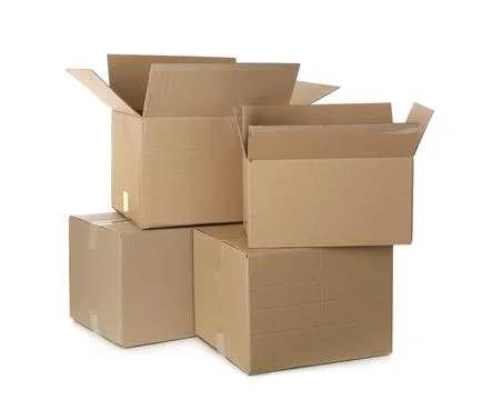 Pile of cardboard boxes on white background Foto stock