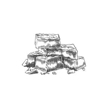A pile of cheese cubes sketch, Parmesan brick pieces heap, milk food production Stock Illustration
