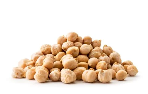 Pile chickpeas close-up on a white background. Isolated Foto stock