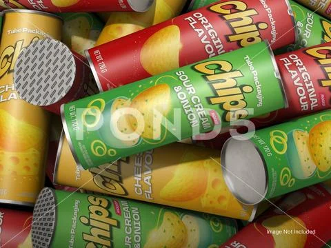 Pile of Chips Tube Packaging Mockup PSD Template