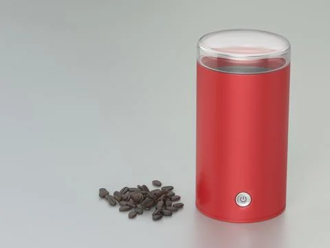 Pile of coffee beans next to red electric coffee grinder Stock Illustration