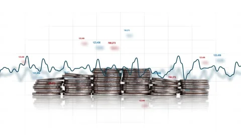 Pile of coins and linear graph with rapidly changing number. Video stock 232640111