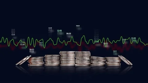 Pile of coins and linear graph with rapidly changing number. Video stock 232640114