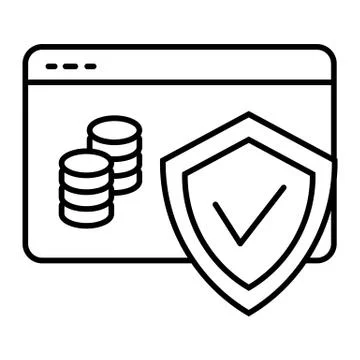 Pile of coins on browser and shield thin line icon. Web money protection vector Stock Illustration