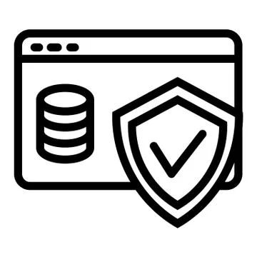 Pile of coins on browser and shield line icon. Web money protection vector Stock Illustration