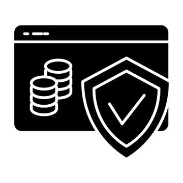 Pile of coins on browser and shield solid icon. Web money protection vector 스톡 일러스트