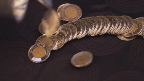 A pile of coins falling on table top Stock Footage 105206756