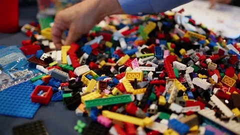 Pile Colored Building Locking Bricks Team Toys Corporate Vídeo Stock 130837954