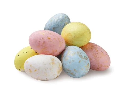 Pile of colorful Easter eggs on a white background. Isolated Stock Photos