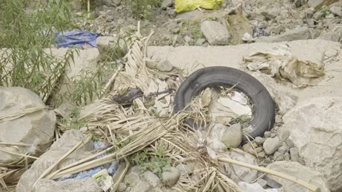 Pile of construction debris, tires, garbage bags, branches, contaminating Stock Footage 272468231