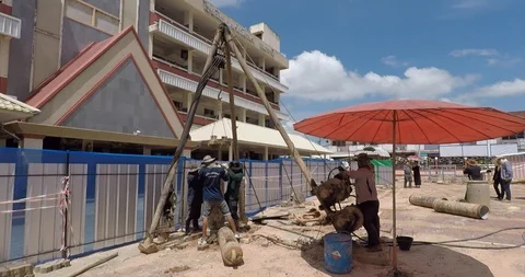 Pile construction drilling machine working Stock Footage 91877978