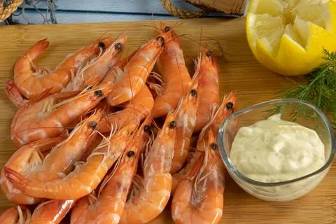Pile of cooked prawns close up Stock Photos