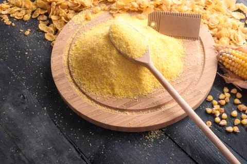Pile of corn flour with an empty label Stock Photos