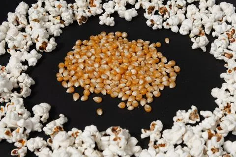 A pile of corn kernels in the middle of a ready-made popcorn circle. Fotos Stock