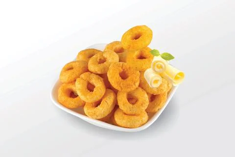 Pile of crispy Corn ring, Cream &amp; Onion snack (Fryums - Frymus) in white dish Stock Photos
