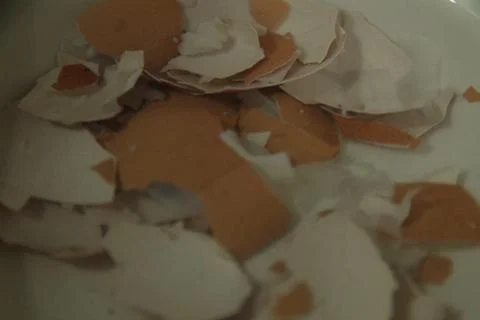 Pile Of Crushed Brown Eggshells On White Plate Stock Photos