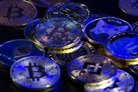 Pile of cryptocurrencies Stock Photos