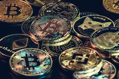 Pile of cryptocurrencies Stock Photos