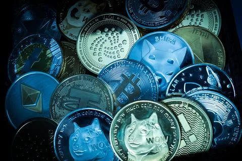 Pile of cryptocurrencies Stock Photos