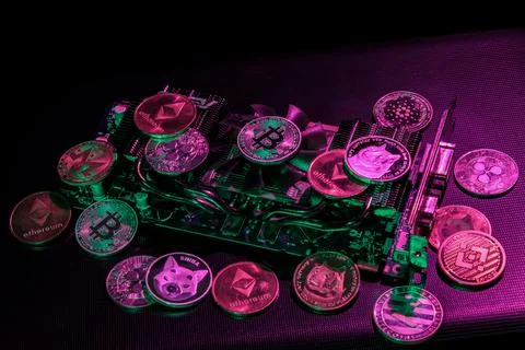 Pile of cryptocurrencies on videocard Stock Photos