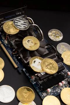 Pile of cryptocurrencies on videocard Stock Photos