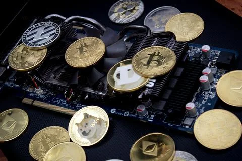 Pile of cryptocurrencies on videocard Stock Photos
