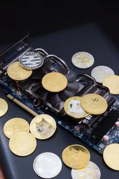 Pile of cryptocurrencies on videocard Stock Photos