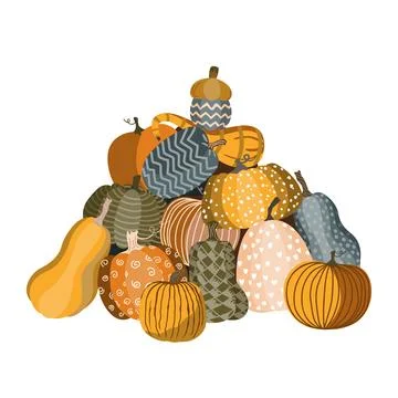 Pile of cute doodle painted pumpkins. Halloween, Autumn, or Thanksgiving day  Stock Illustration