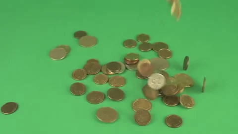 Pile of different coins falling down on the green screen Stock Footage 308399597