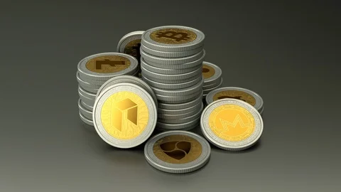 A pile of different crypto currency coins on grey background Stock Footage 88946157