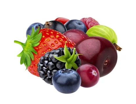 Pile of different forest berries isolated on white background Foto stock