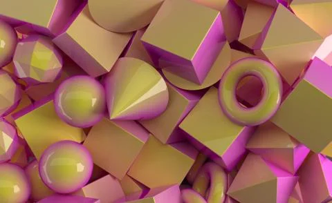 Pile Of Different Geometric Figures With Soft Gradient Colors Closeup. 3D Ren Illustrazione stock