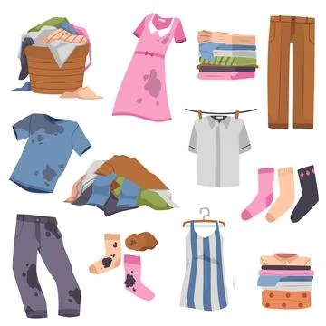 Pile of dirty clothes, stack of clean cloth in flat vector illustration Stockillustratie