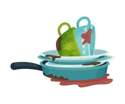 Pile of Dirty Kitchen Utensils and Crockery Left after Lunch Vector Illustration Stockillustratie